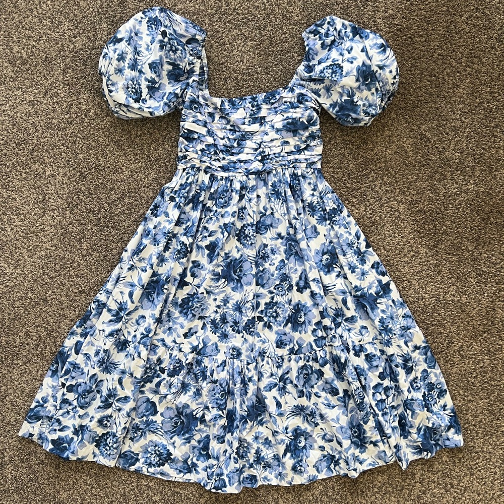 Abercrombie Puff Sleeve Midi Dress Blue Florida SIZE MEDIUM PETITE